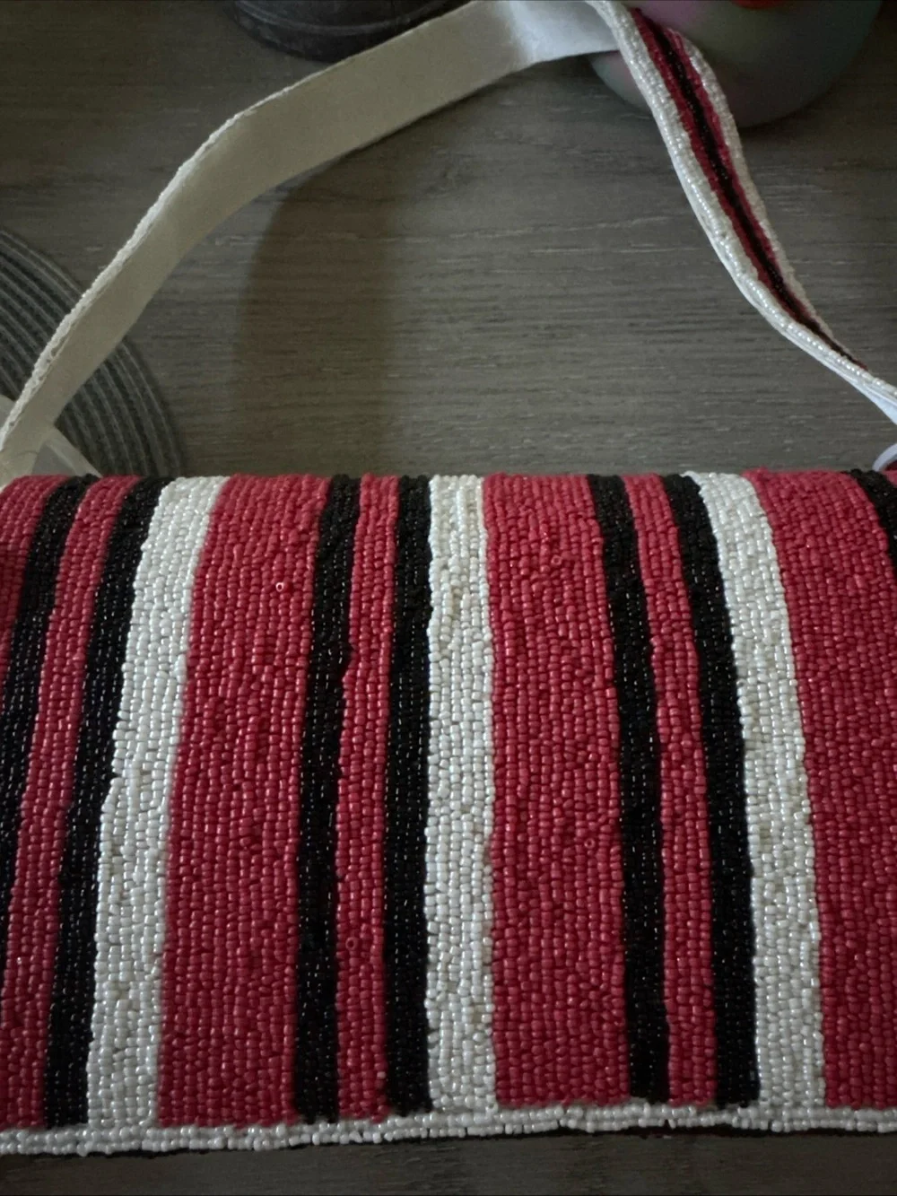Hand-Beaded Accent Tote in Red, Black & White NWT